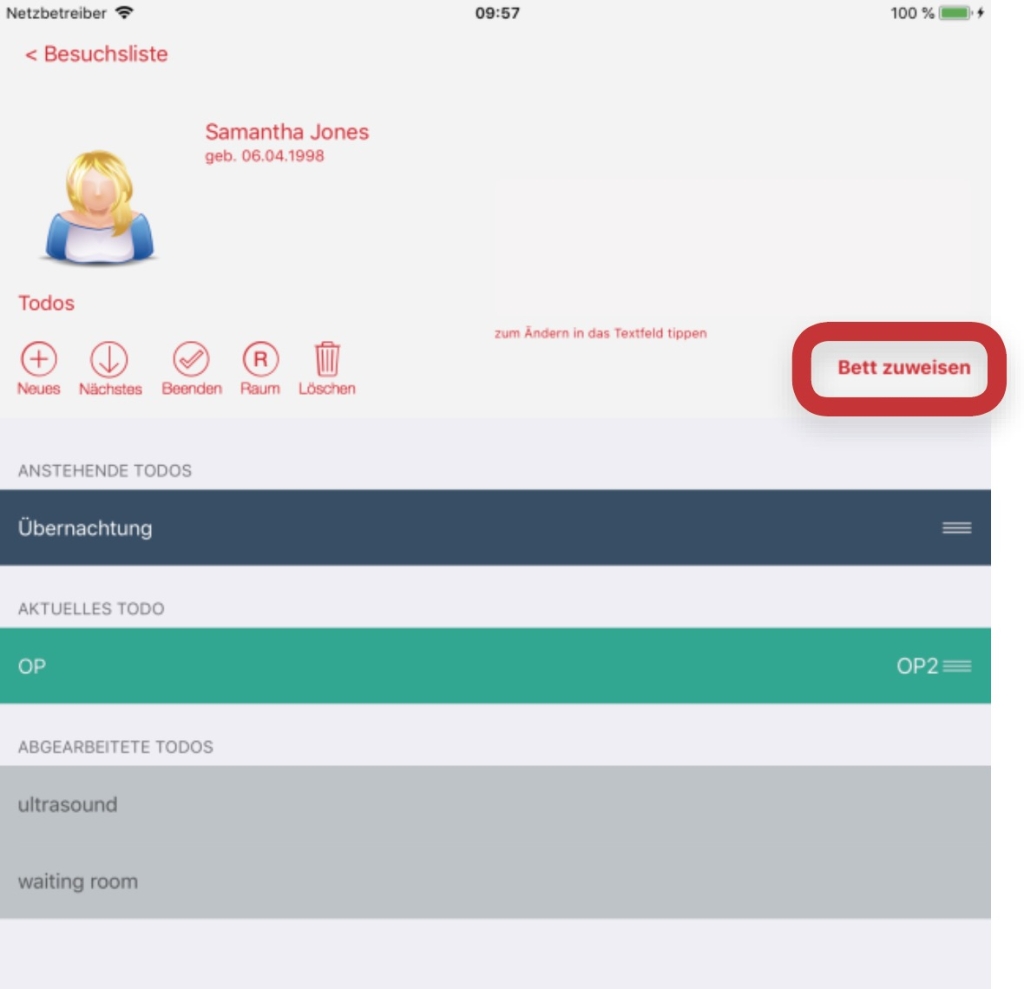 tomedo iOS App – Bettenbelegung, Besucherliste