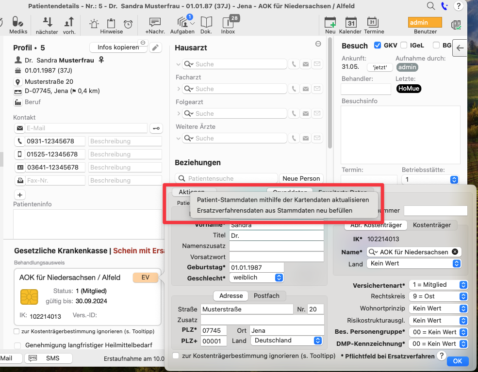 Option Aktionen in den Patientendetails