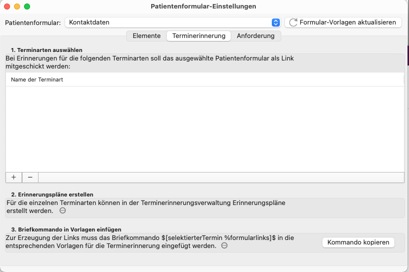 Patientenformulareinstellung Terminerinnerung