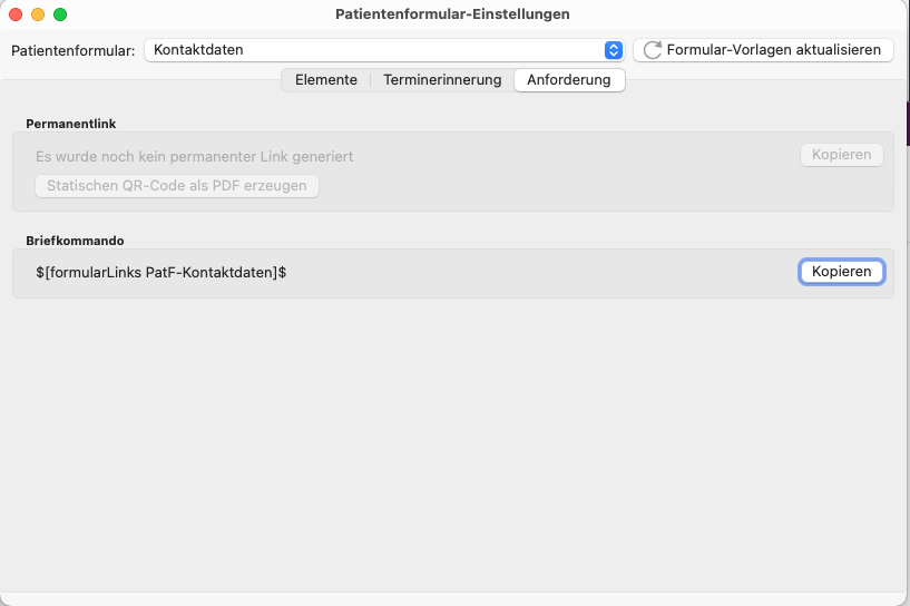 Patientenformulareinstellungen Anforderung