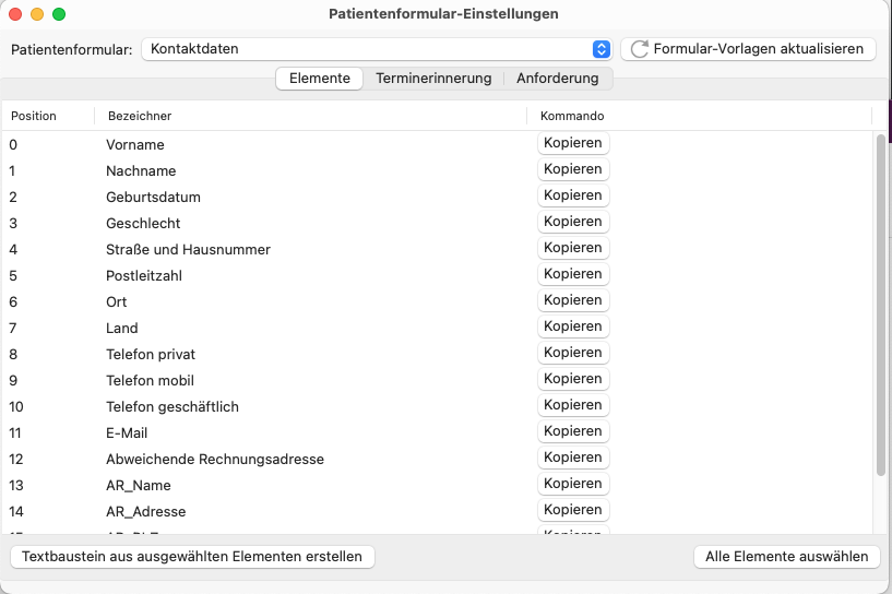 Patientenformulareinstellungen Elemente