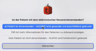tomedo handbuch Heilmittelverordnung eVO Versand Druck Abfragedialog