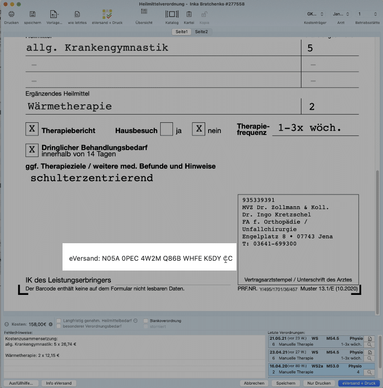 tomedo handbuch Heilmittelverordnung eVO Versand ID Formular