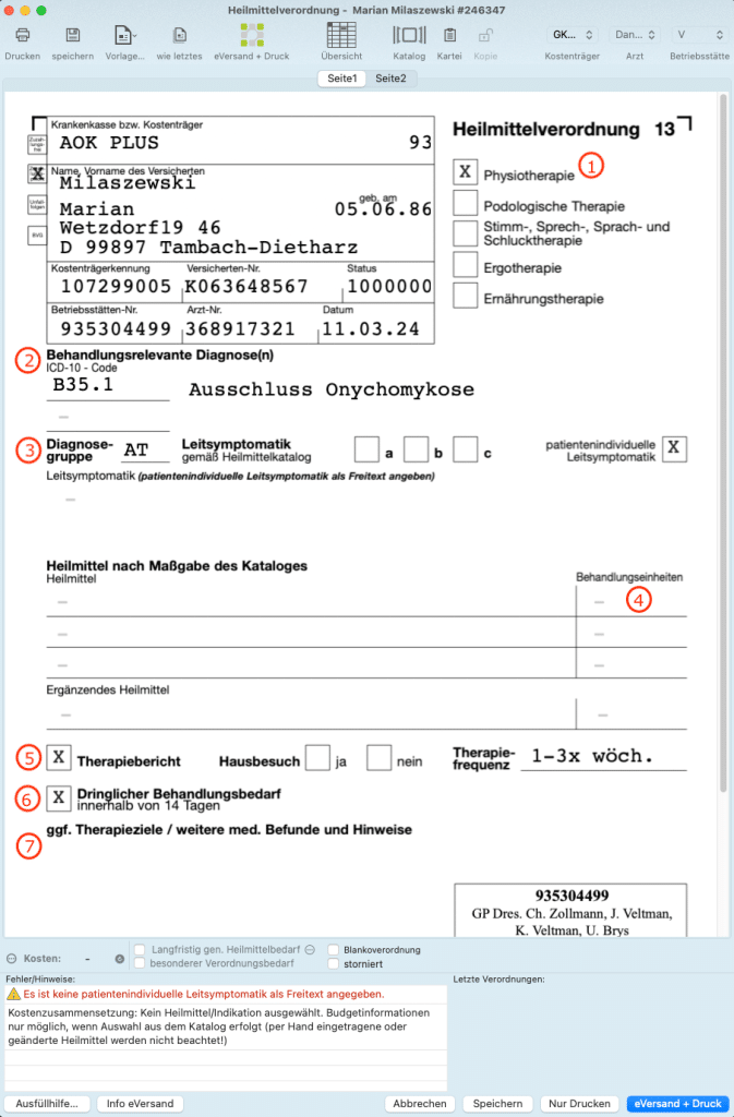 tomedo handbuch Heilmittelverordnung eVO Formular