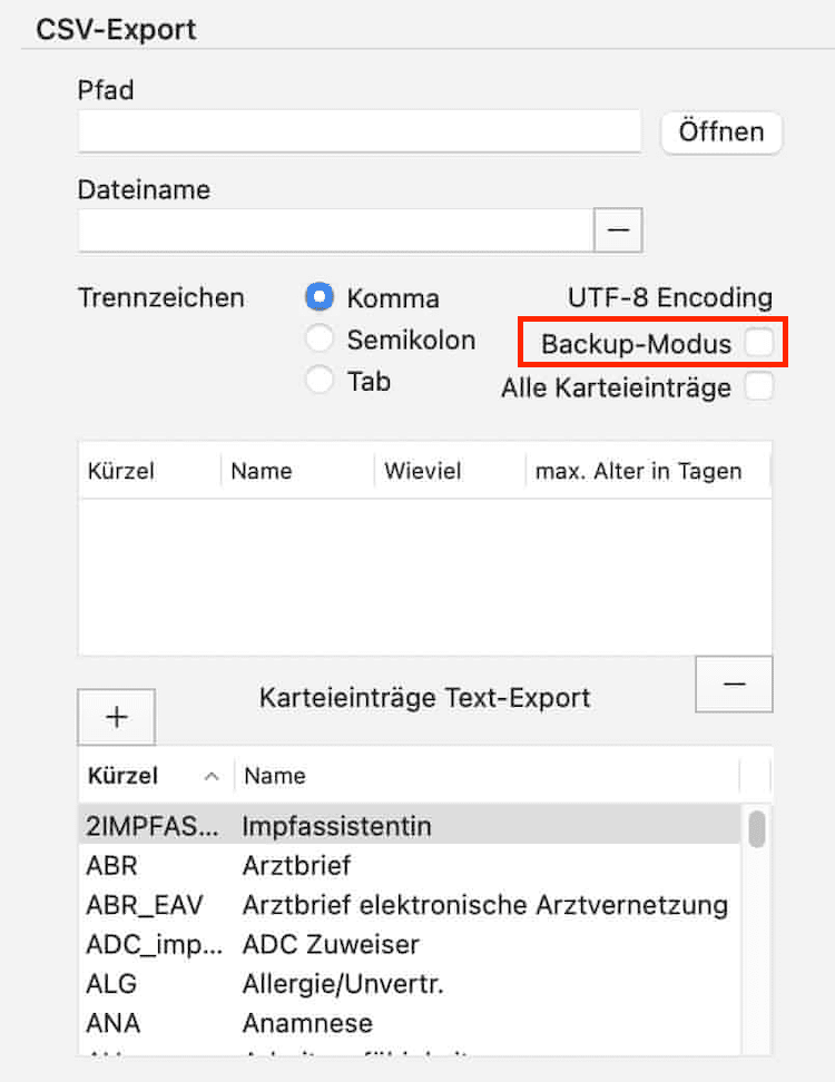 tomedo handbuch csv import export backupmodus