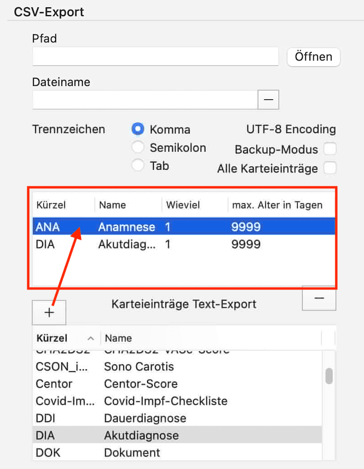 tomedo handbuch csv import export karteieintraege auswaehlen