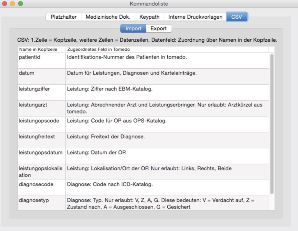 tomedo handbuch csv import export komandoliste