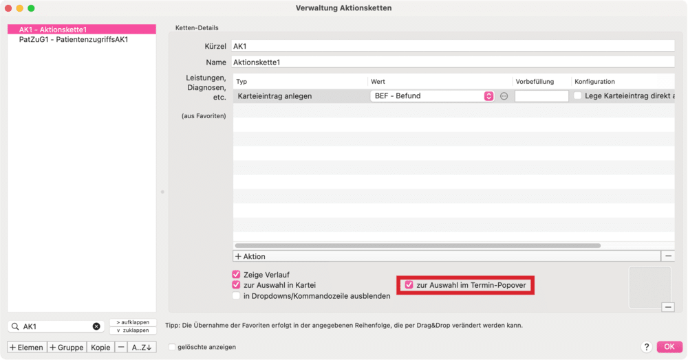 tomedo handbuch kalender aktionskettenverwaltung aktionskette in terminpopover