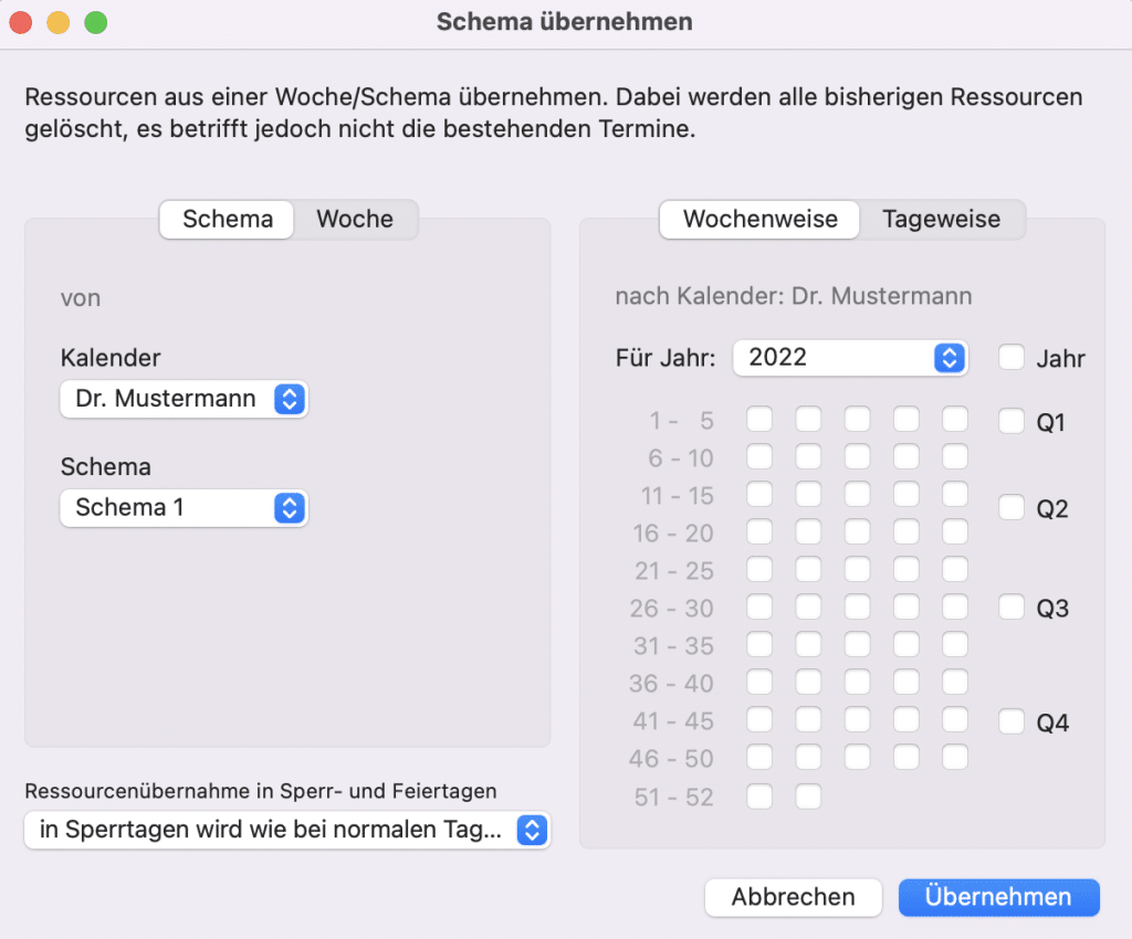 tomedo handbuch kalender schemata wochenweise uebernehmen