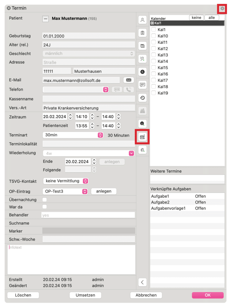 tomedo handbuch kalender termindetails popover aktionsketten button