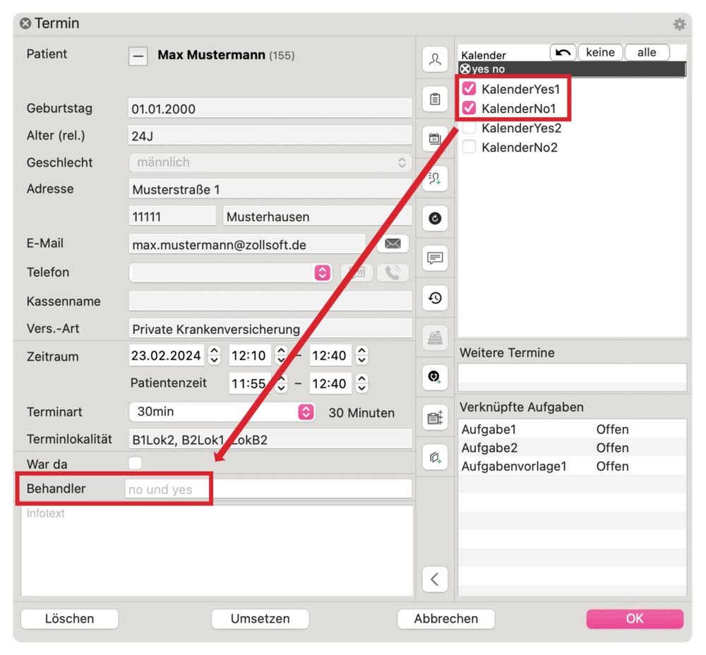 tomedo handbuch kalender termindetails popover behandler aus kalendern