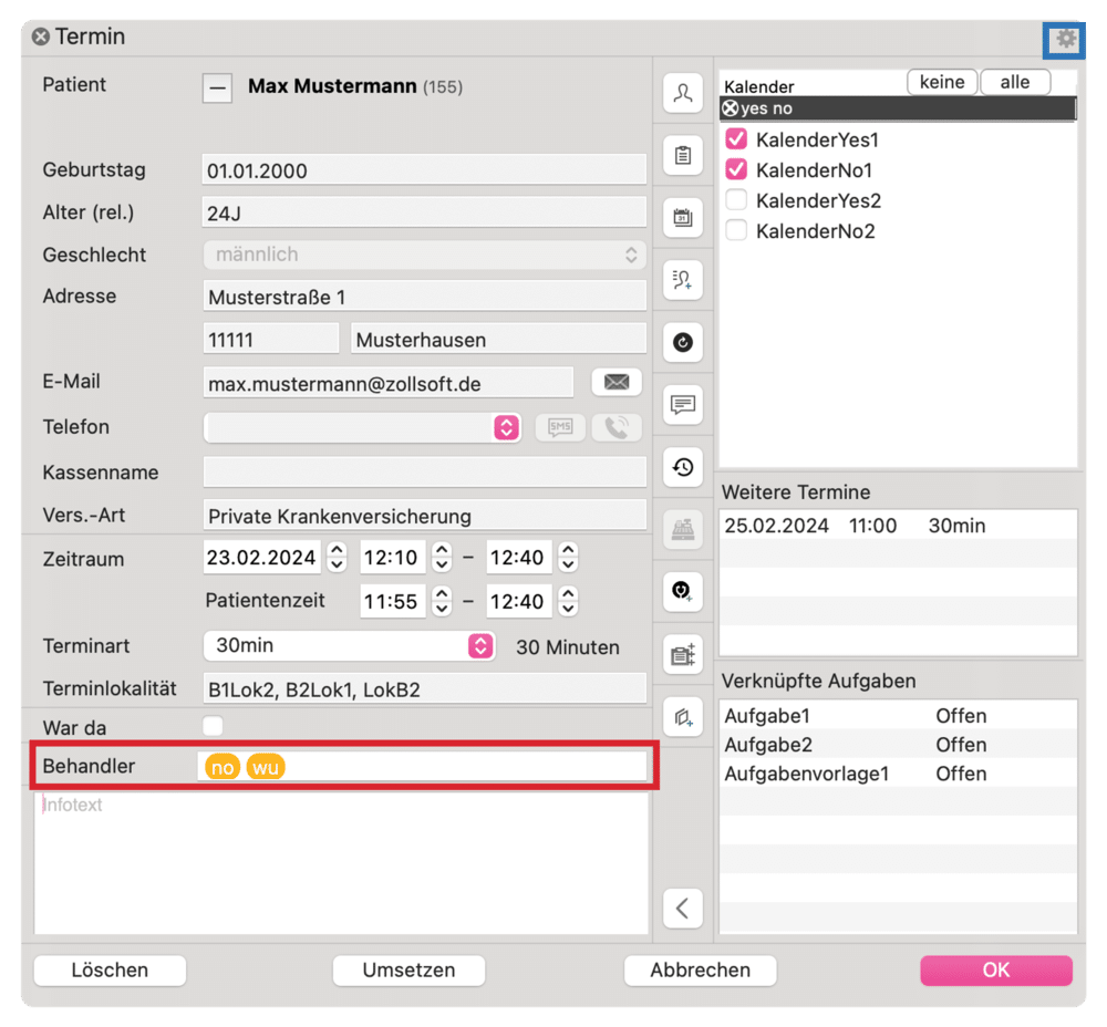 tomedo handbuch kalender termindetails popover behandler feld und einstellung