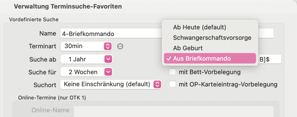 tomedo handbuch kalender terminsuche relativer bezugszeitpunkt suchspanne dropdown