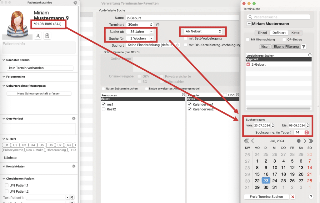 tomedo handbuch kalender terminsuche relativer bezugszeitpunkt suchspanne start ab geburt 1