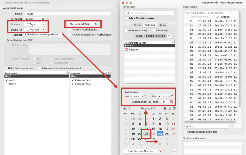 tomedo handbuch kalender terminsuche relativer bezugszeitpunkt suchspanne start heute