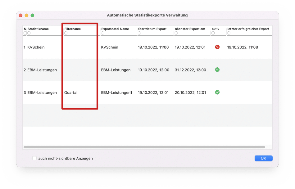 tomedo handbuch statistiken automatischer statistikexport verwaltung mit vorfilter