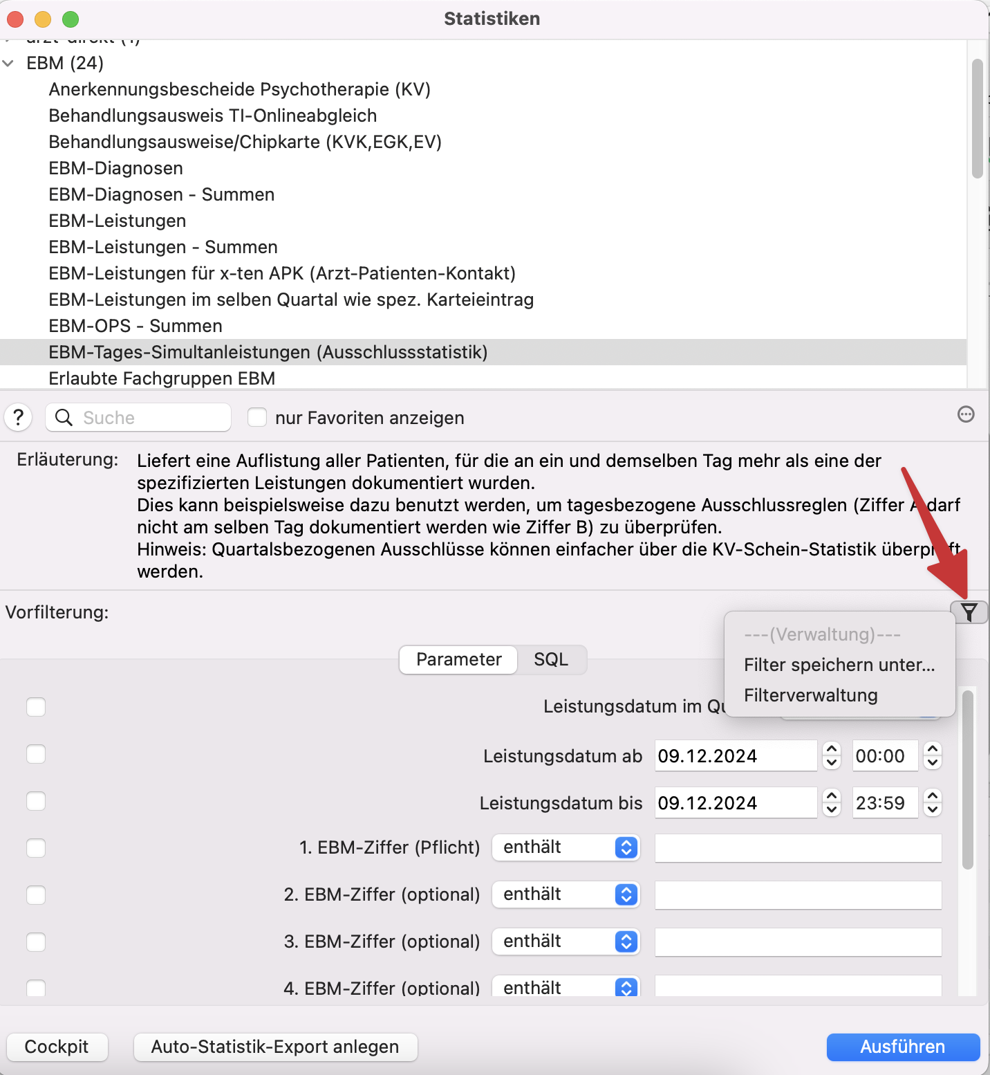 tomedo handbuch statistiken statistikabfrage auswahlliste filter