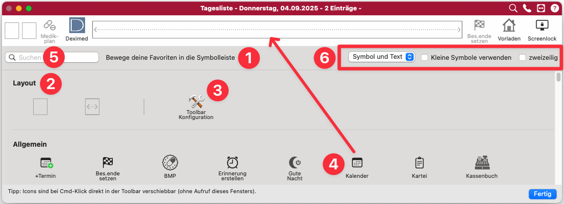 tomedo handbuch tagesliste konfigurierbare symbolleiste anpassen 2