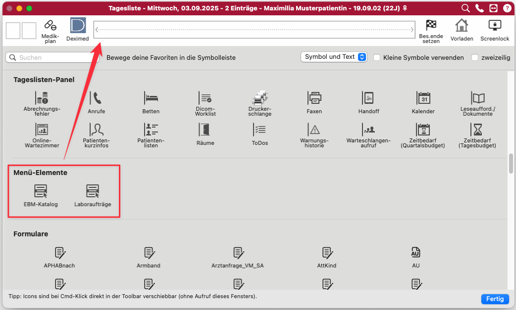 tomedo handbuch tagesliste konfigurierbare symbolleiste menue buttons einfuegen 1