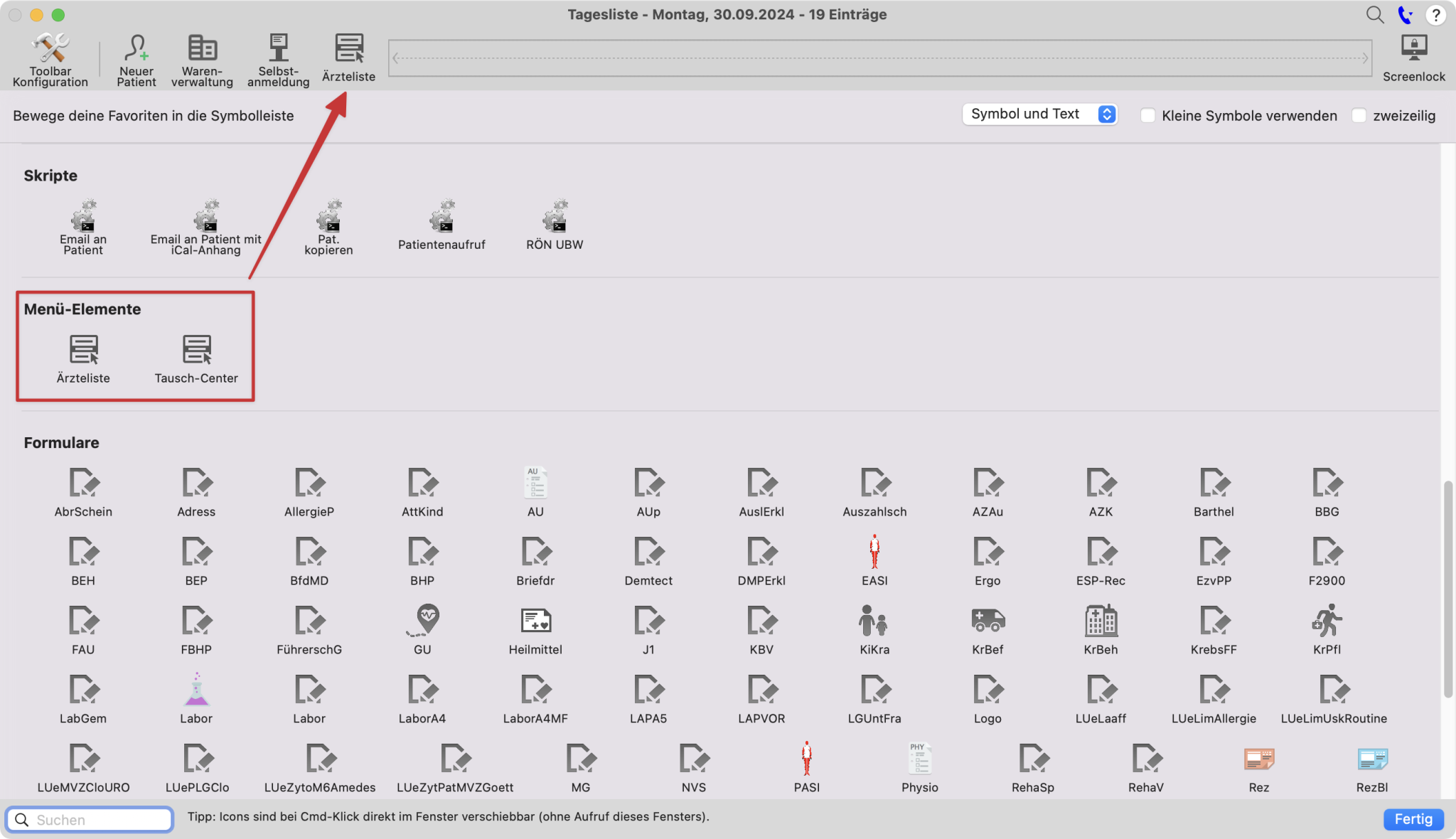 tomedo handbuch tagesliste konfigurierbare symbolleiste menue buttons einfuegen
