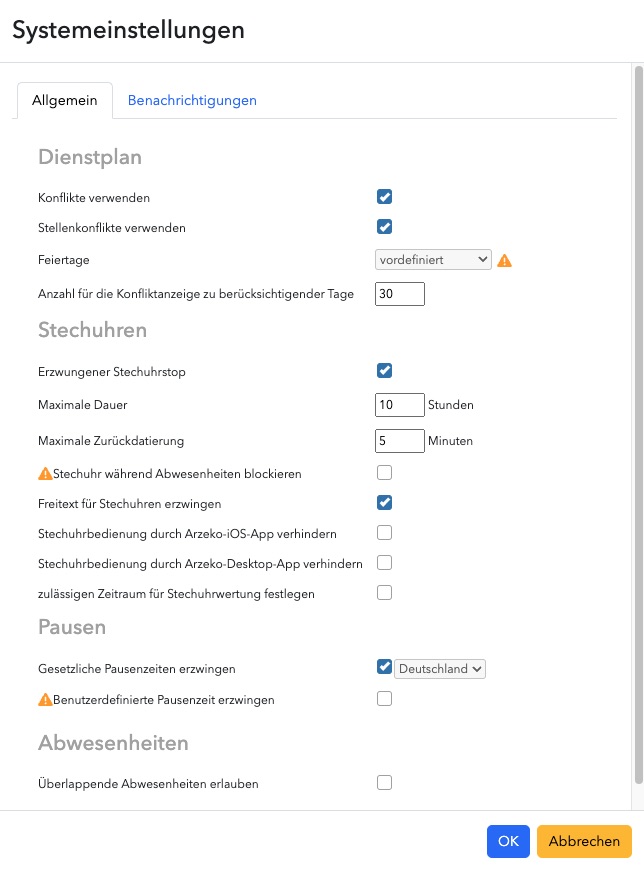 arzeko systemeinstellungen