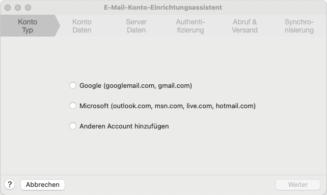 E Mail Konto Einrichtungsassistent Schritt 1