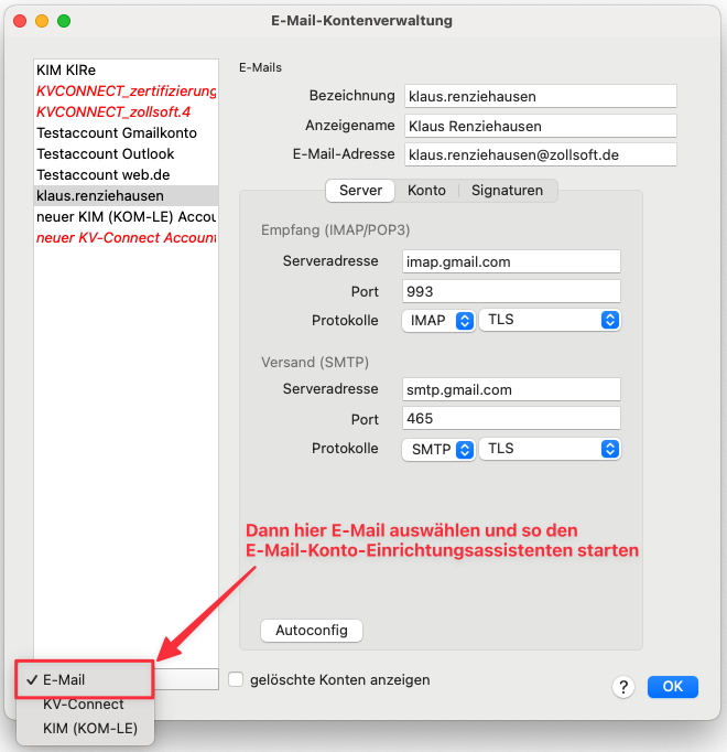 Wahl des Email Konto Typs