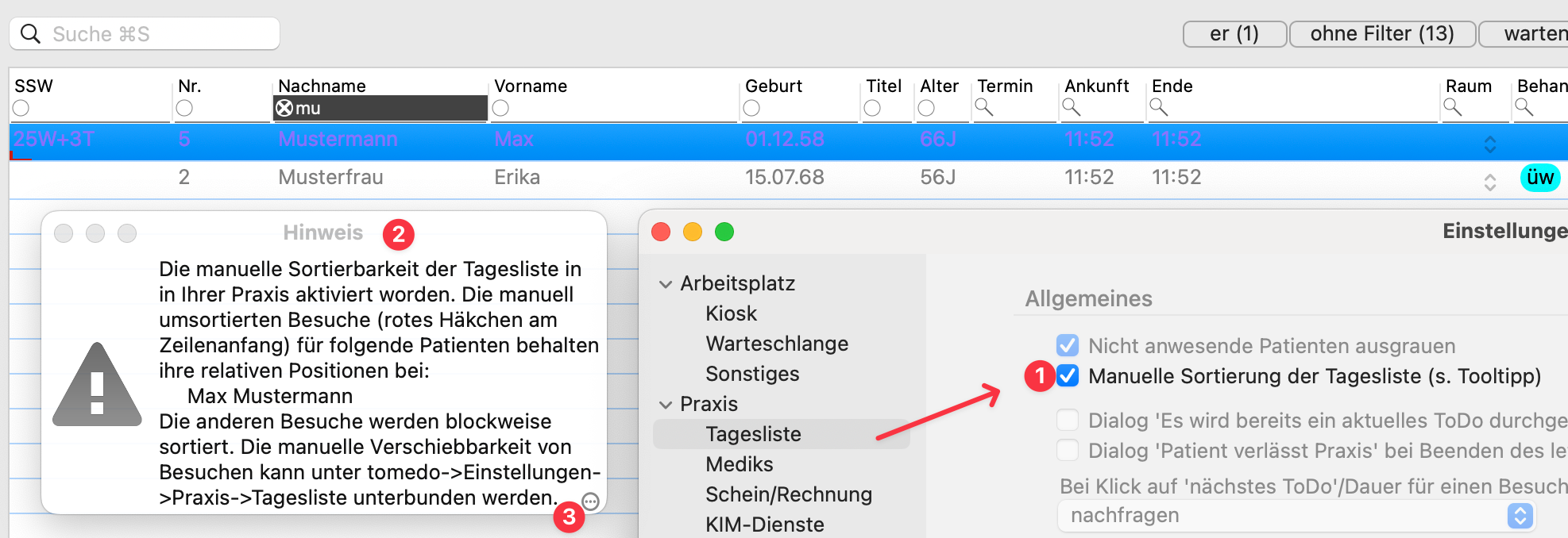tagesliste sortierung