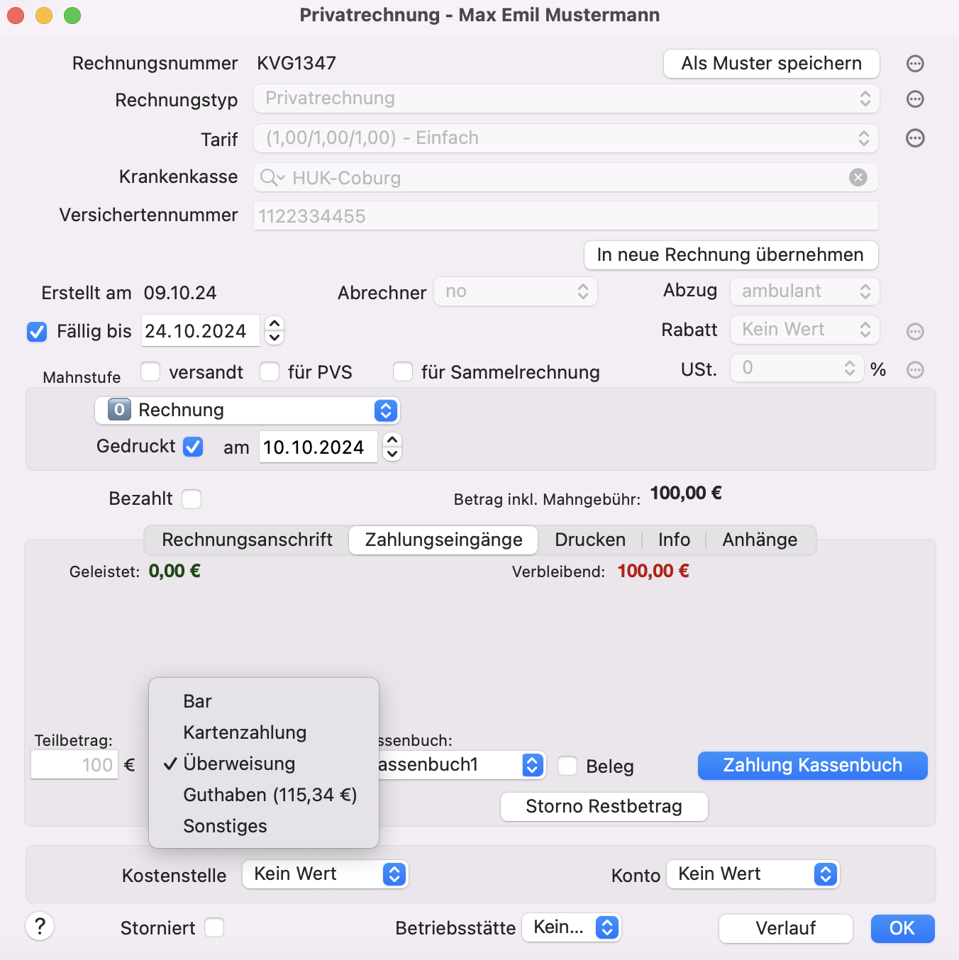 tomedo handbuch abrechnung privatrechnung kassenbuch bezahldetails