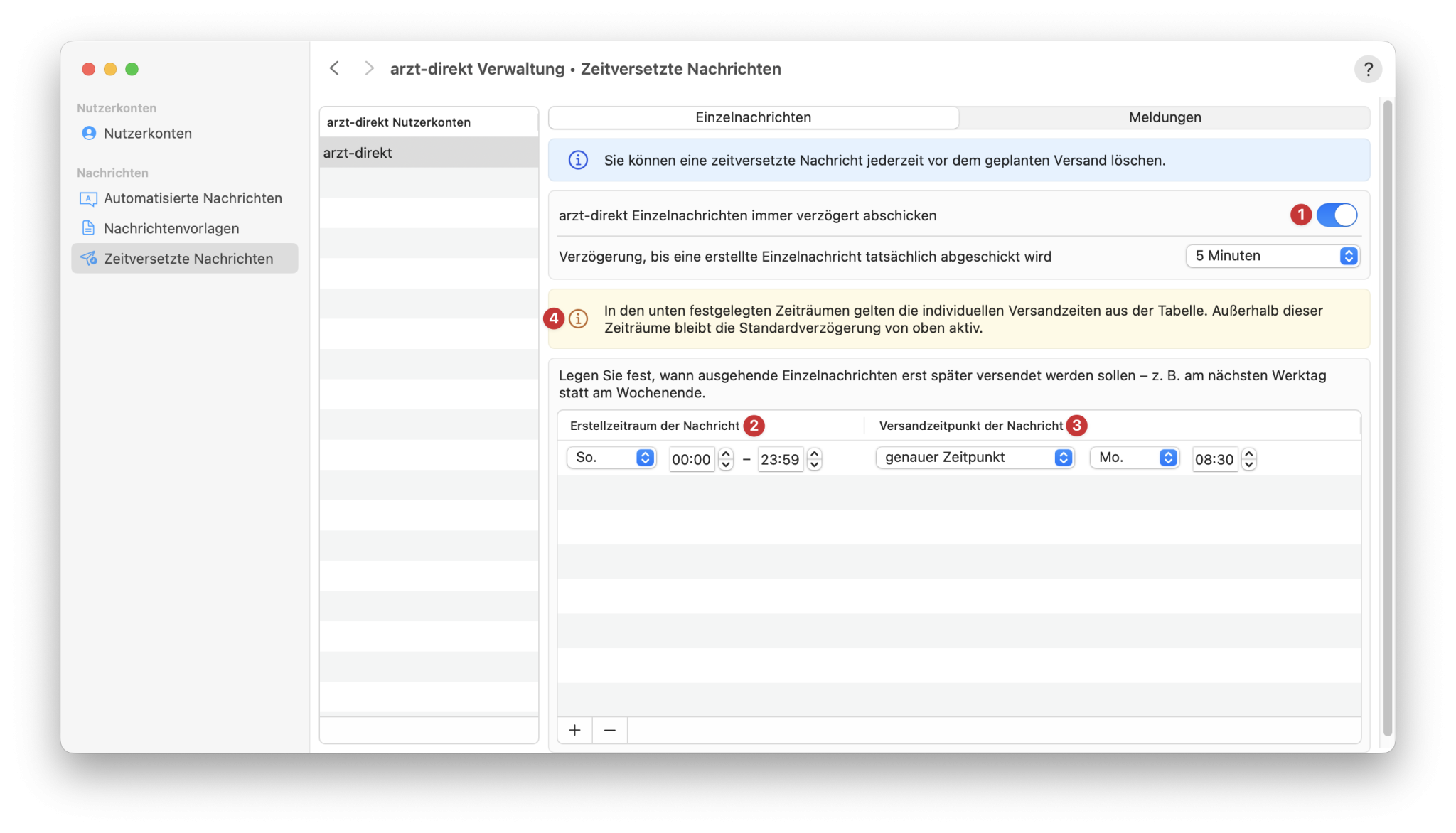 tomedo handbuch ad messenger zeitversetzte nachrichten konfiguration