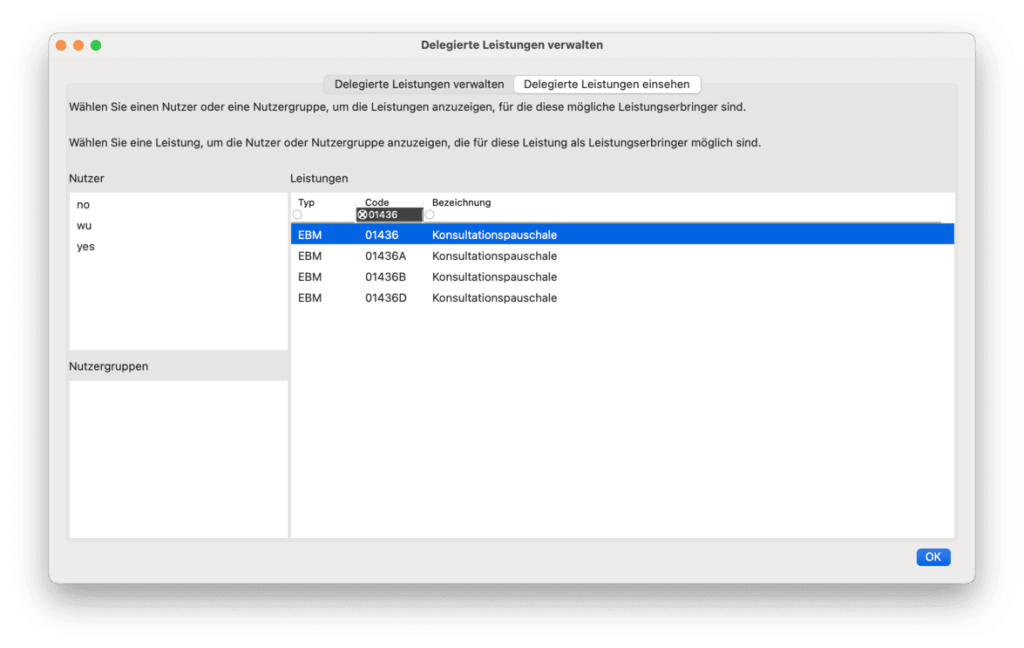 tomedo handbuch arbeitsplatzeinstellungen delegierteLeistungen einsehen 1