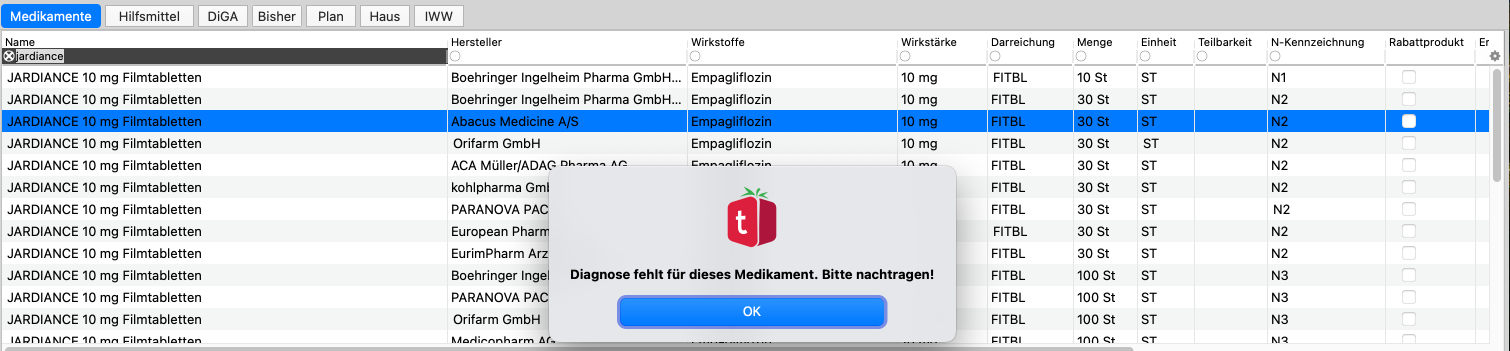 tomedo handbuch automatisierung aktionsketten beispiel fehlende diagnose hinweis