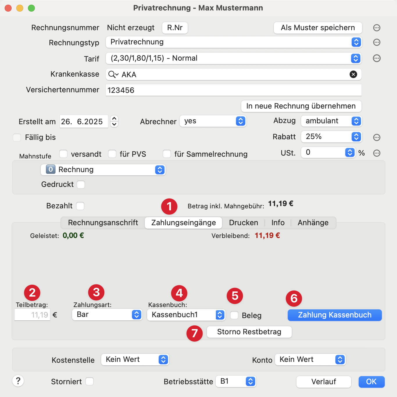 tomedo handbuch deutschland kassenbuch rechnung details zahlung