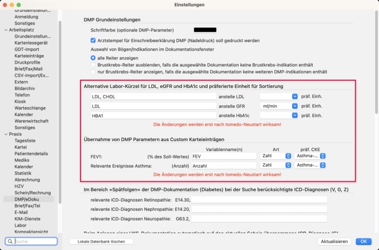 tomedo handbuch dmp dokumentation laborwertuebernahme einstellung