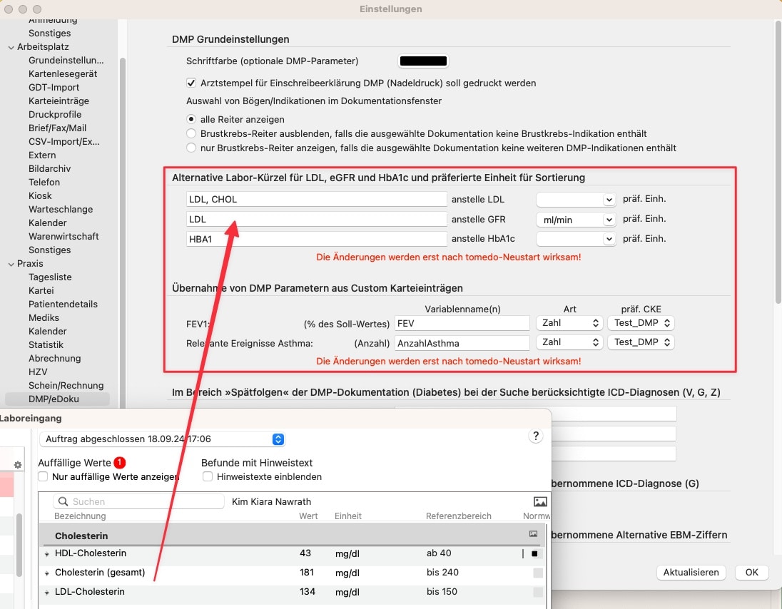 tomedo handbuch dmp dokumentation laborwertuebernahme einstellung