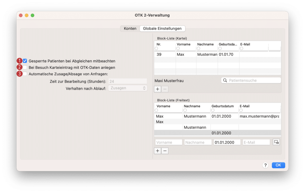 tomedo handbuch kalender otk2 verwaltung globale einstellungen blocklisten