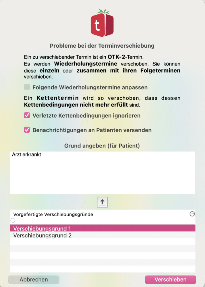 tomedo handbuch kalender terminaenderungs benachrichtigungen mehrfach terminverschiebung abfrage popover verschiebungsgruende