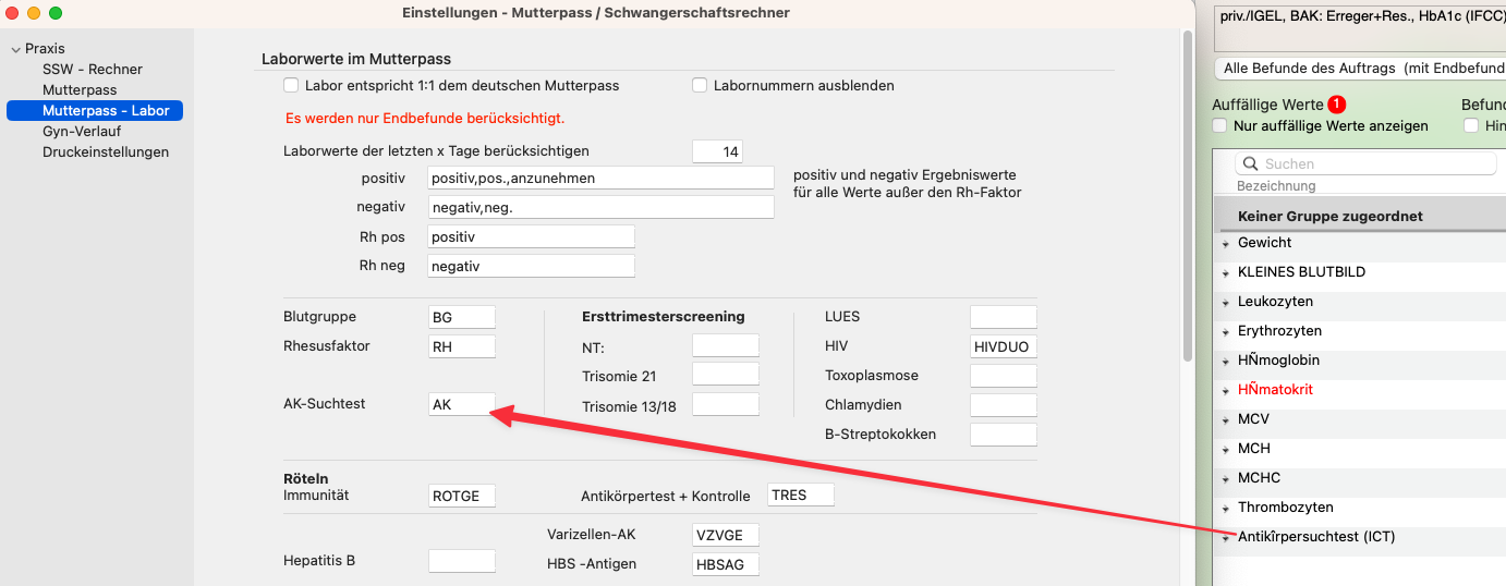 tomedo handbuch mutterpass laborwerte uebernehmen einstellungen