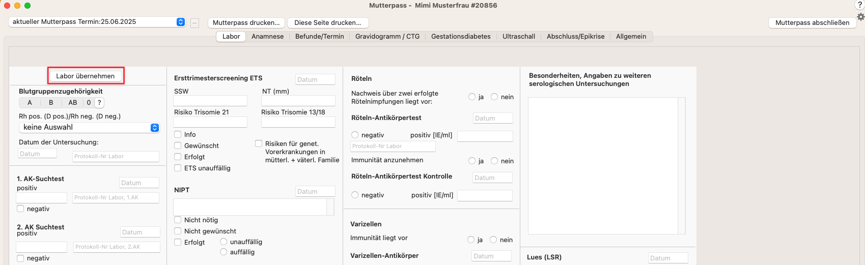 tomedo handbuch mutterpass laborwerte uebernehmen