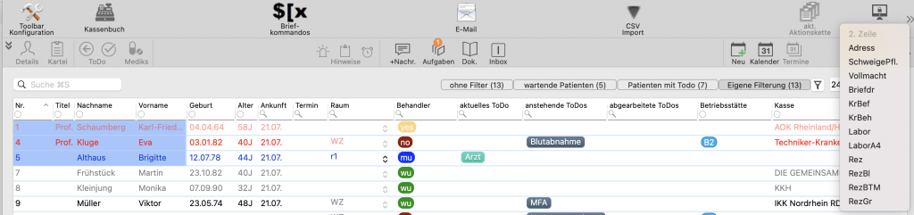 tomedo handbuch tagesliste konfigurierbare symbolleiste einzeilig pfeil uebrige symbole