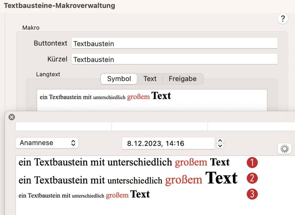 tomedo handbuch textbausteine einstellungen schriftgroesse beispiel