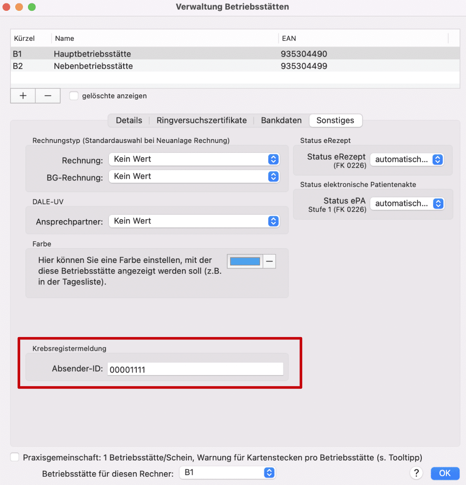 tomedo handbuch elektronische dokumentation krebsregister betriebsstaetten absender ID 2