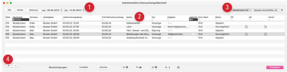 tomedo handbuch fachgruppen arbeitsmedizin untersuchungs uebersicht filter