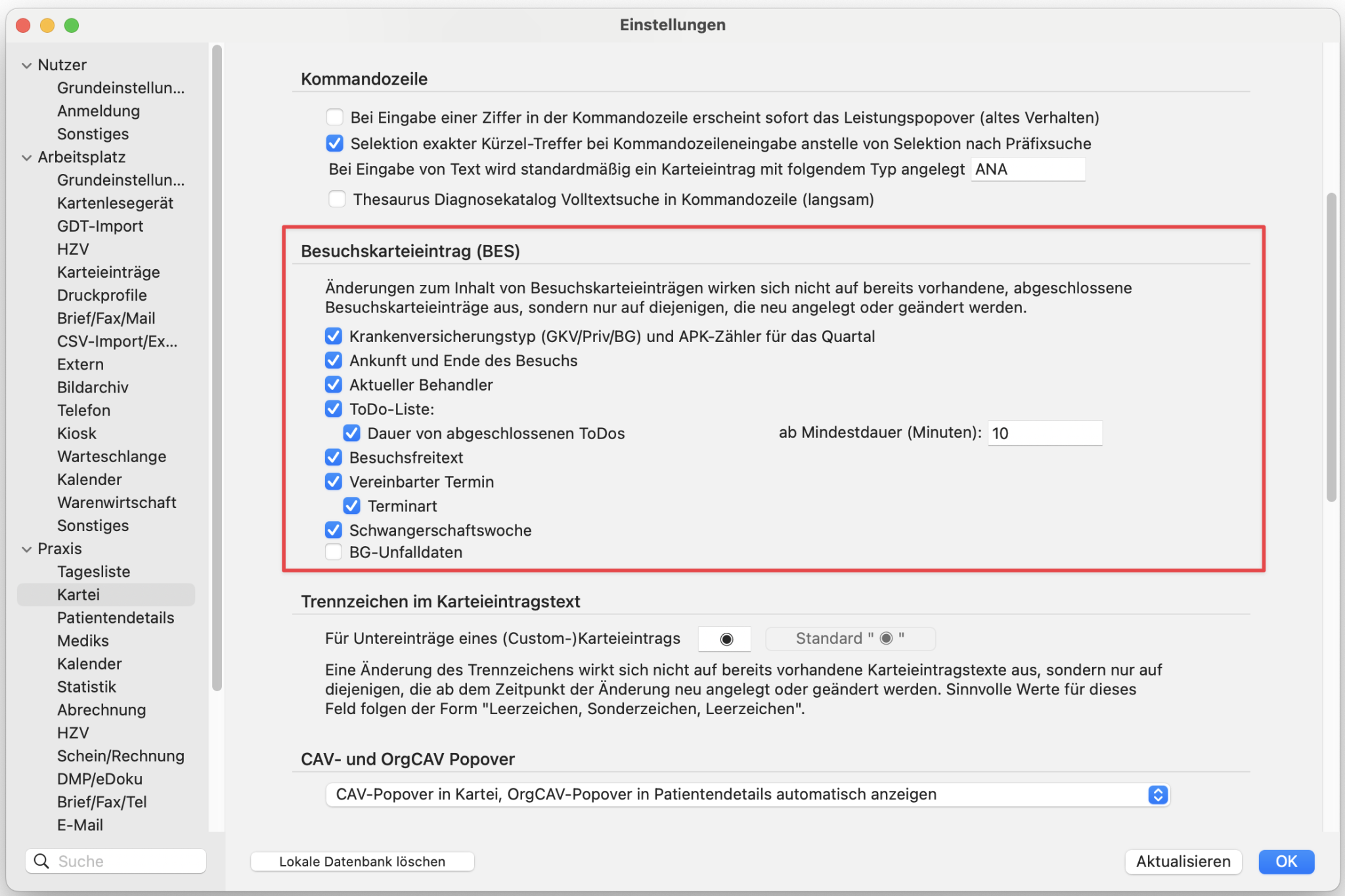 tomedo handbuch karteieintraege besuchskarteieintrag einstellungen