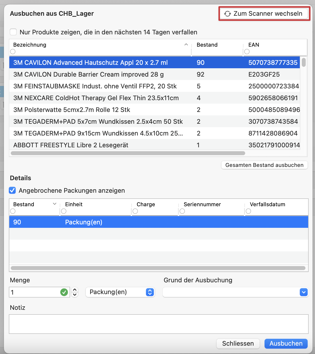 tomedo handbuch waren lager ausbuchen scanner