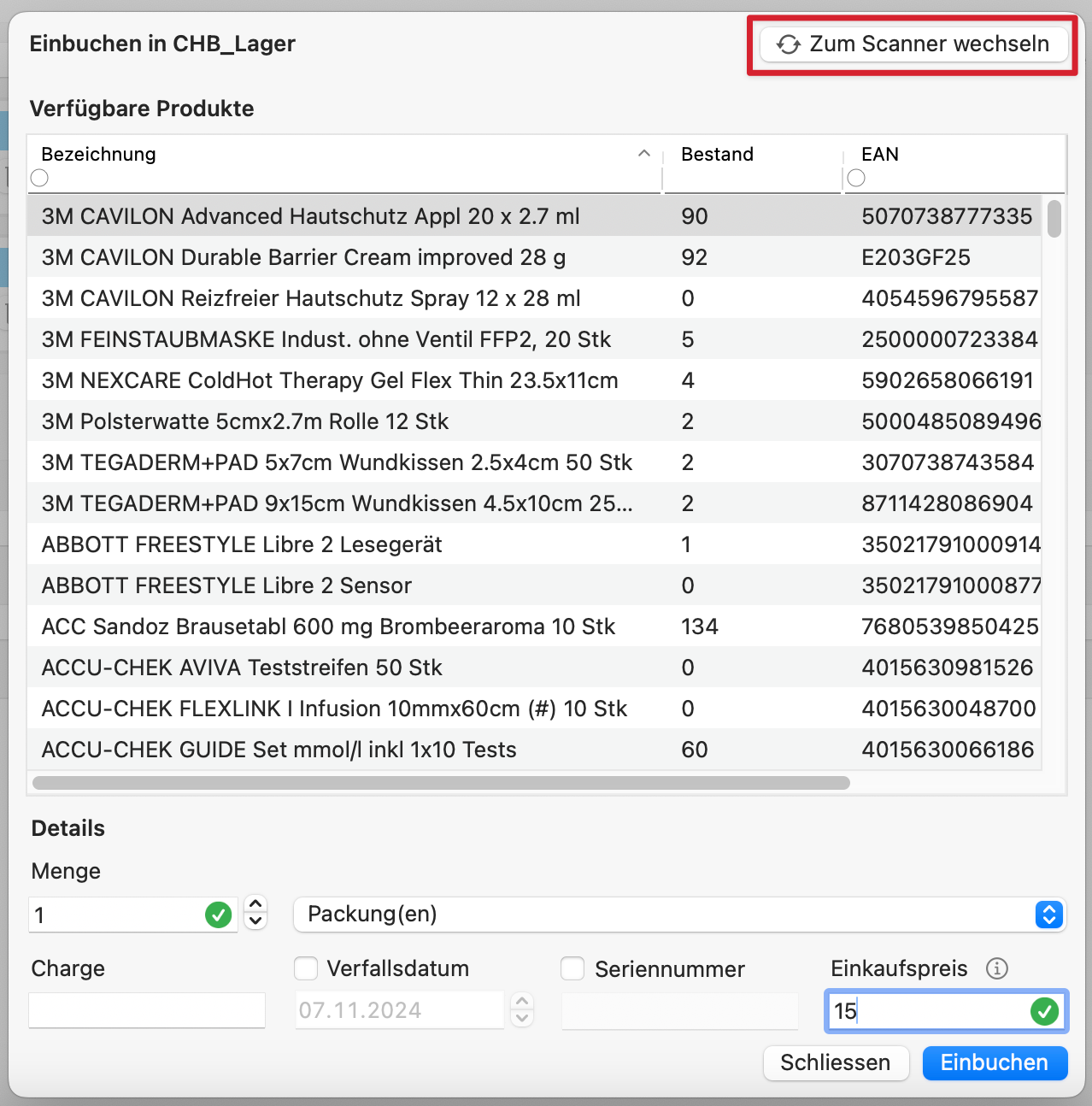 tomedo handbuch waren lager einbuchen scanner