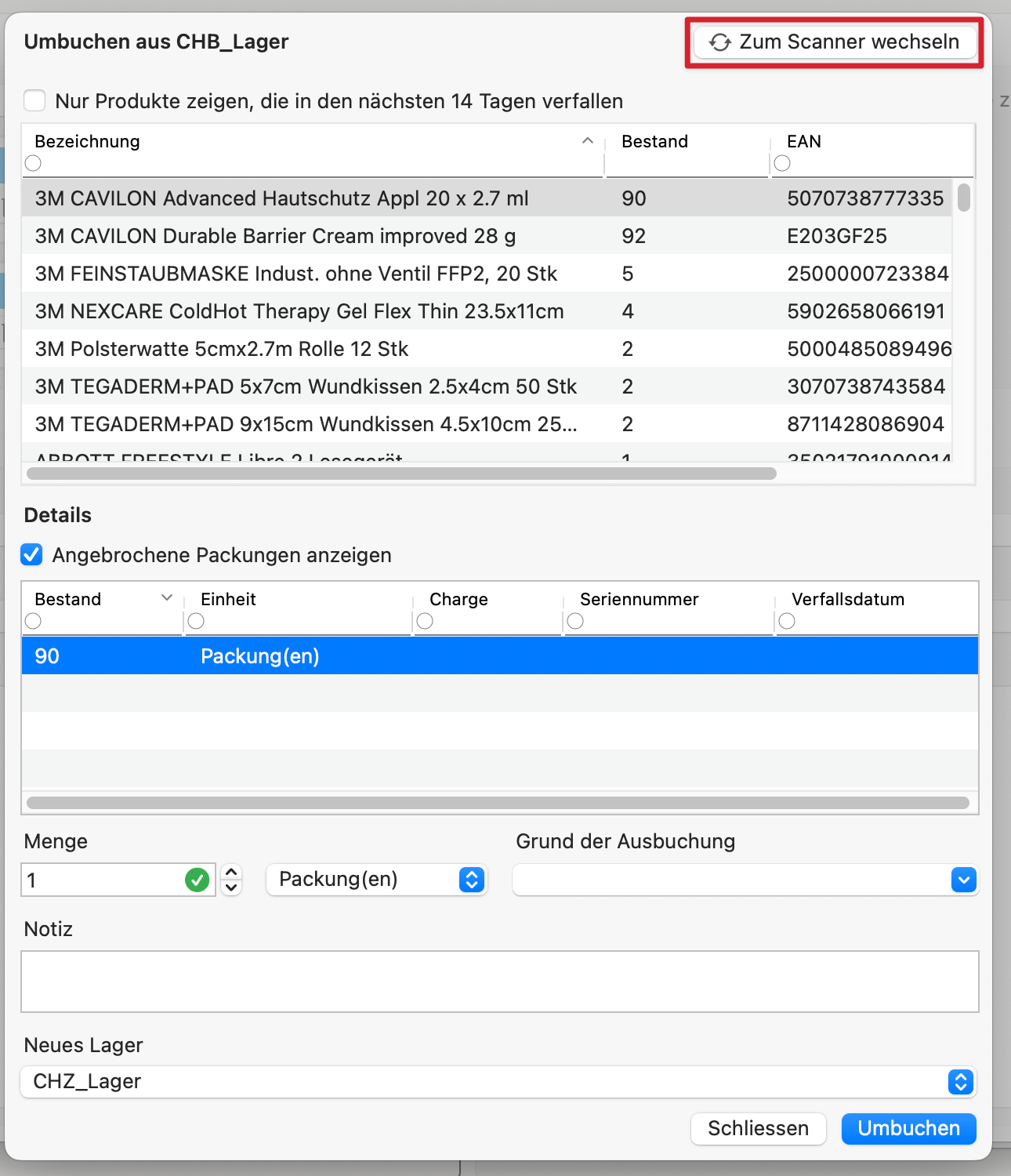 tomedo handbuch waren lager umbuchen scanner