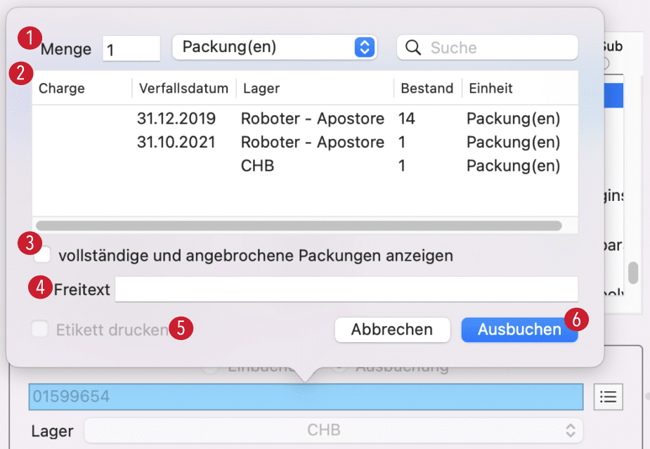 tomedo handbuch warenwirtschaft warenverwaltung barcode ausbuchen popover schweiz 1