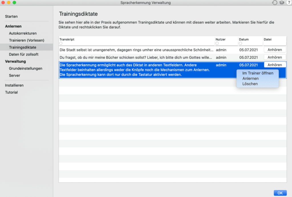 tomedo handbuch Spracherkennung Trainingsdiktate 1