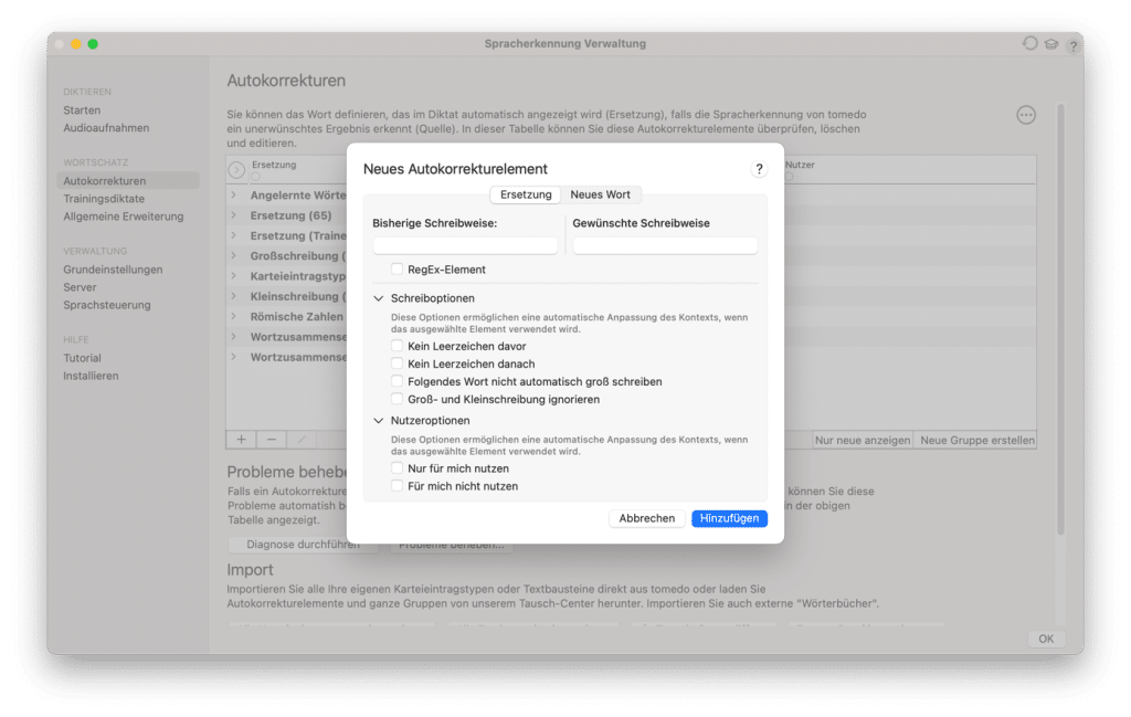 tomedo handbuch Spracherkennung autokorreturen neue woerter hinzufuegen